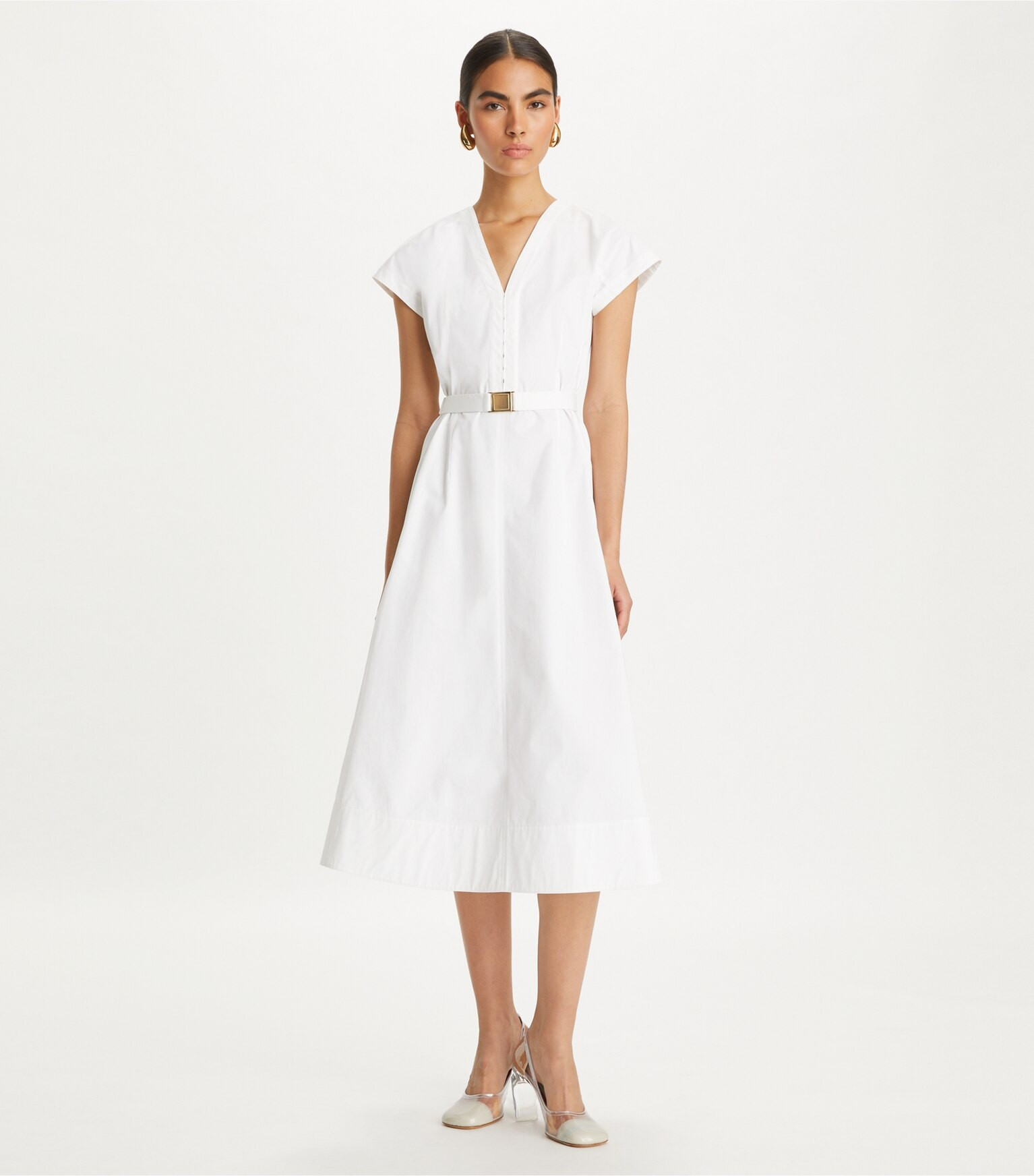 WAISTED V-NECK POPLIN DRESS | Tory Burch (US)