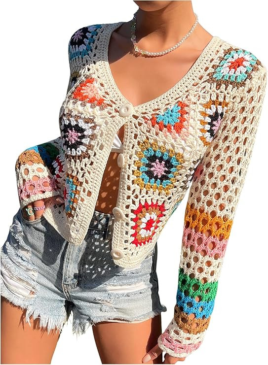 MakeMeChic Women's Crochet Beach Cover Up Button Front Hollow Out Cardigan Sweater | Amazon (US)