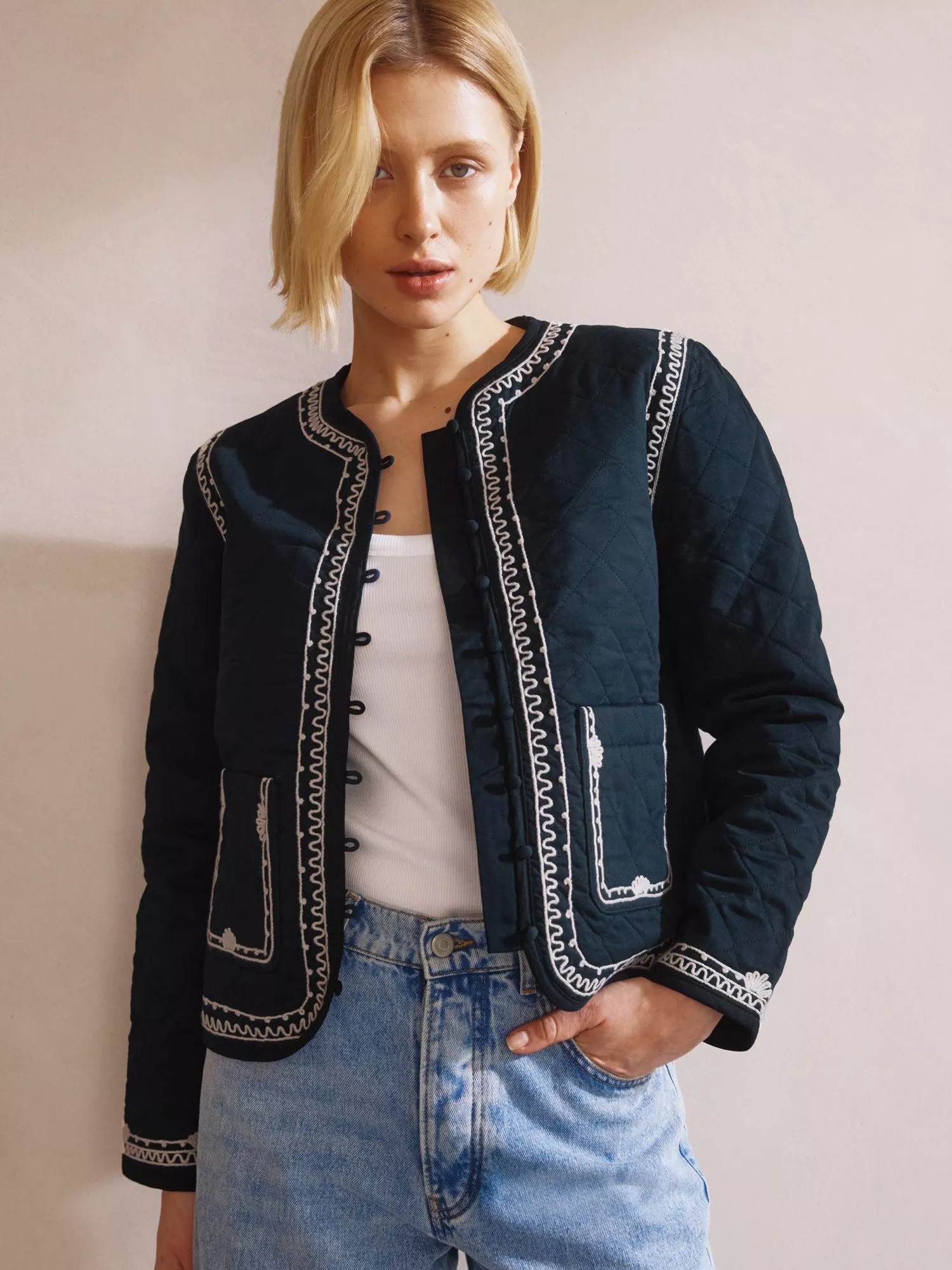 Albaray Embroidered Trim Jacket, Navy | John Lewis (UK)