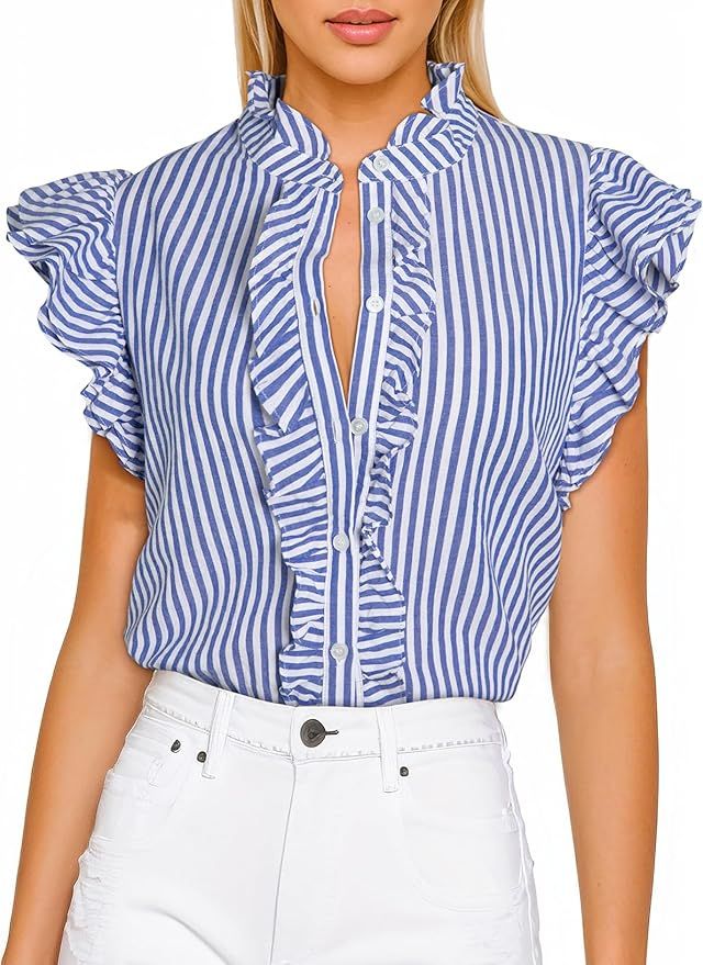 Dokotoo Womens Casual V Neck Button Down Shirts Summer Striped Ruffle Cap Sleeve Side Slit Work T... | Amazon (US)