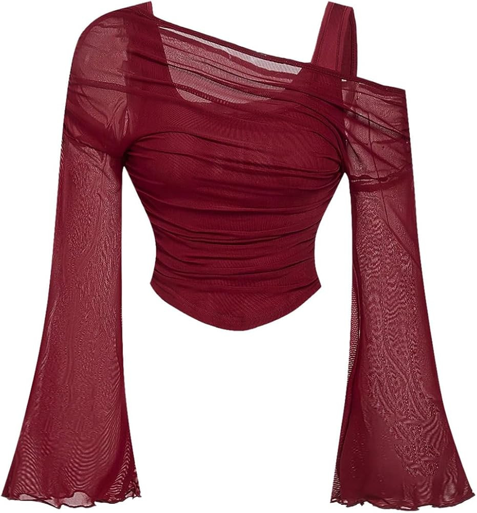 Women's Y2K Off The Shoulder Tops Long Bell Sleeve Mesh Shirt Ruched Crop Top Rave Clubwear | Amazon (US)