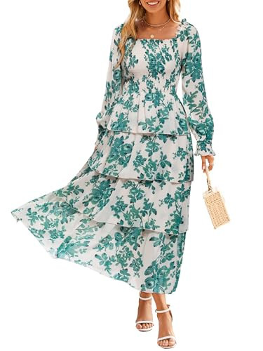 Simplee Womens Long Sleeve Floral Wedding Guest Dress Flowy Tiered Smocked Square Neck Fall Boho Maxi Dresses Green M | Amazon (US)