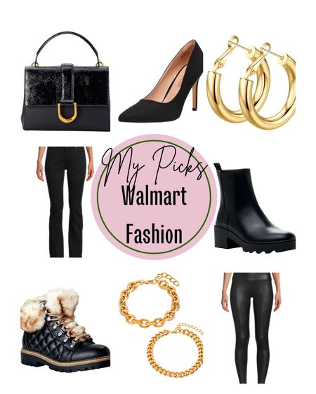 Walmart fashion picks, handbag, heels, boots, gold hoops, pants, denim, furry boots, gold chain bracelets, faux leather leggings 

#LTKstyletip #LTKunder100 #LTKSeasonal