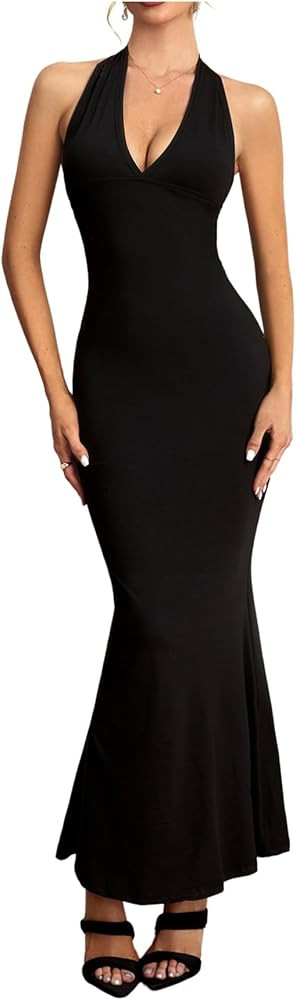 Women's Halter Deep V Neck Bodycon Dress Ruched Fishtail Backless Cocktail Maxi Dresses | Amazon (US)
