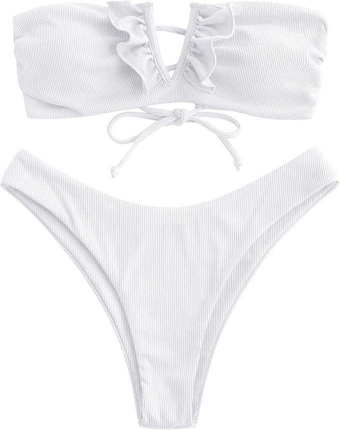 ZAFUL Women's Strapless Ribbed V Wired Lace Up Ruffle Tie High Cut Bandeau Swimsuits Bikini Set | Amazon (US)