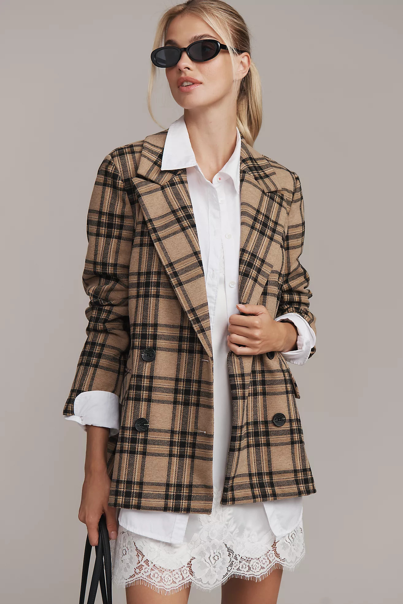 Avec Les Filles Double-Breasted Knit Plaid Blazer | Anthropologie (US)