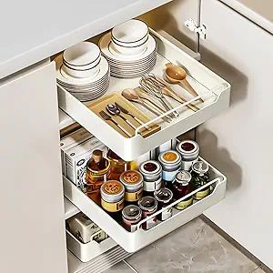 QUSEHA Pull Out Cabinet Organizer Fixed With Adhesive Nano Film, Heavy Duty Slide Out Pantry Shel... | Amazon (US)