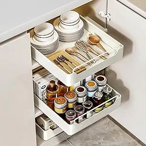 QUSEHA Pull Out Cabinet Organizer Fixed With Adhesive Nano Film, Heavy Duty Slide Out Pantry Shel... | Amazon (US)