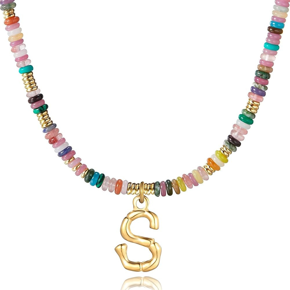 YOUFENG Initial Letter Necklaces for Women Colorful Beaded Gemstone Choker 14K Gold Bamboo Letter... | Amazon (US)