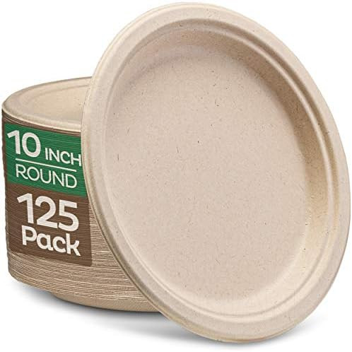 100% Compostable Paper Plates 10 inch Bulk {125-Pack] Disposable Plates Heavy-Duty Quality, Natur... | Amazon (US)