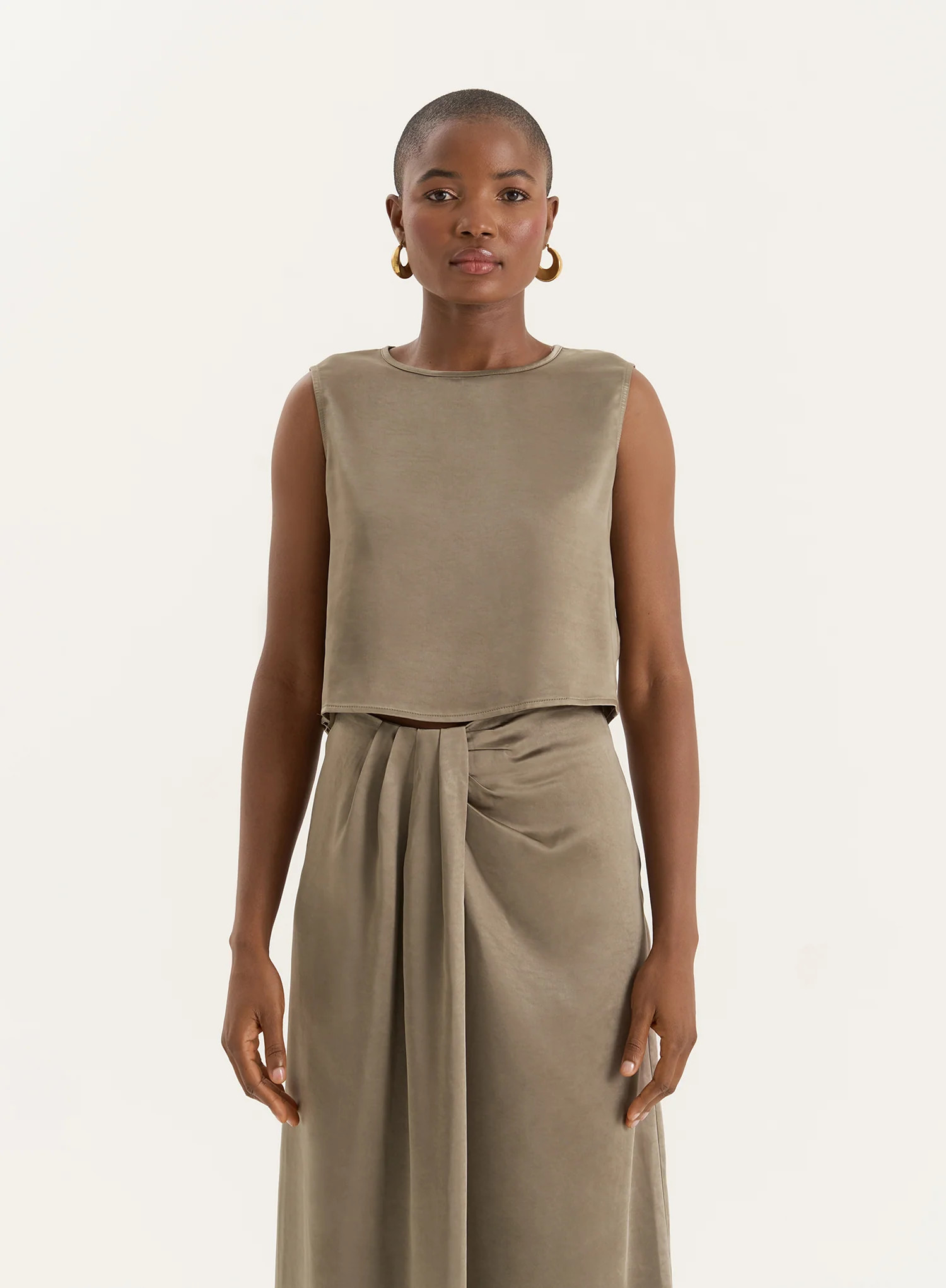 Olive Satin Sleeveless Cropped Top- Verona | 4th & Reckless