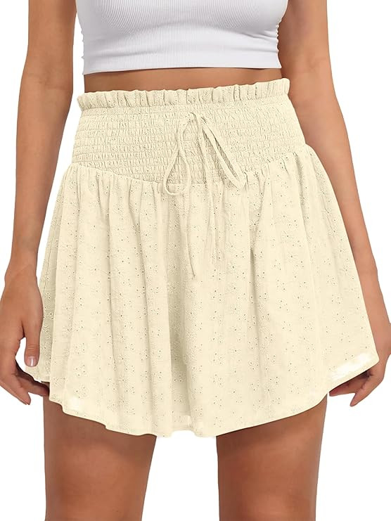 Caracilia Womens Summer Eyelet Mini Skirts High Waist Smocked Layered Ruffle Cute Boho Short Skor... | Amazon (US)