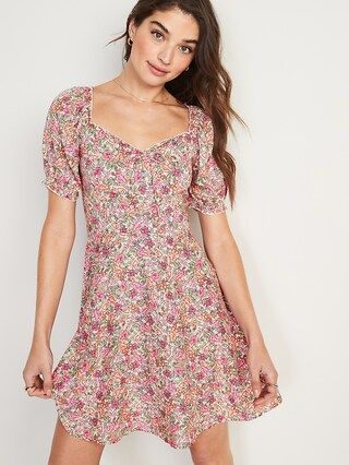 Fit and Flare Puff-Sleeve Floral-Print Mini Dress for Women | Old Navy (US)