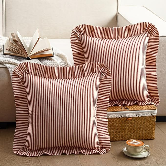 Set of 2 Ruffled Throw Pillow Covers 18"x18" Red and White Striped Decorative Pillowcases Boho Cu... | Amazon (US)