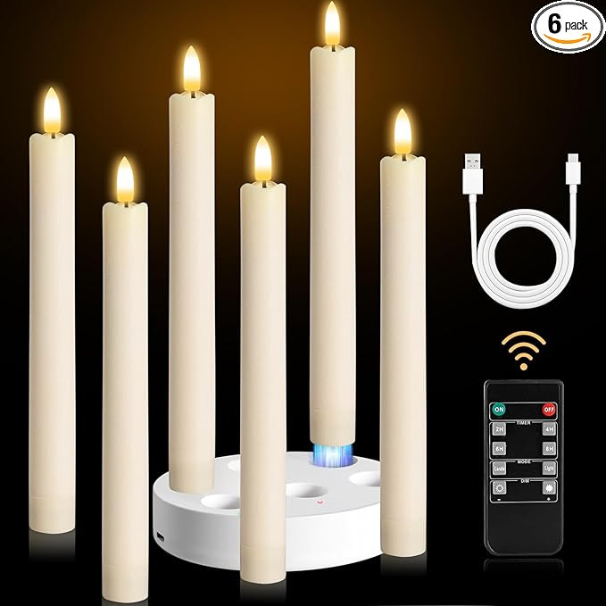 Rechargeable Flameless Taper Candles, 6 Pack Battery Operated Candles with Charging Station, 9.6 ... | Amazon (US)