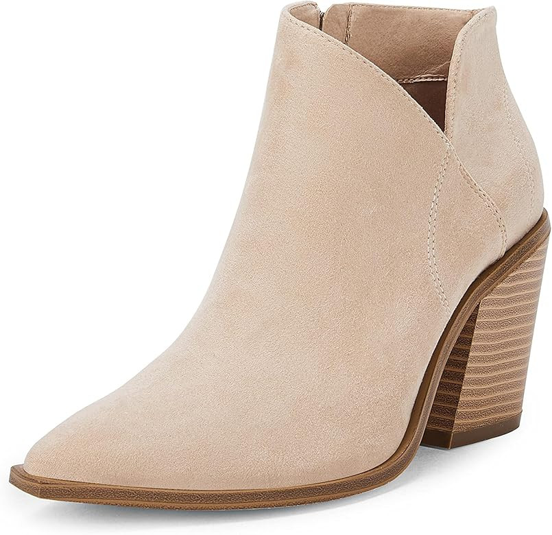 Womens Ankle Boots V Cutout Pointed Toe Western Booties Chunky Heel Side Zipper Chelsea Boots | Amazon (US)