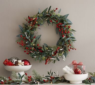 Pre-Lit Faux Eucalyptus and Berry Holiday Wreath & Garland | Pottery Barn (US)