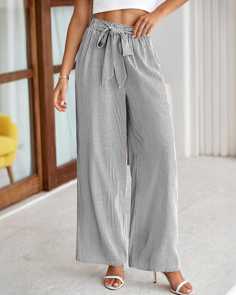 BTFBM Pants for Women 2026 Spring Clothes Striped High Waist Tie Knot Dressy Casual Wide Leg Pala... | Amazon (US)