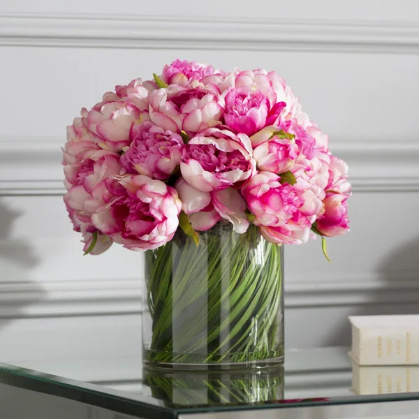 Faux Magenta & Pink Peony Floral Arrangement in Glass Vase | Wayfair North America