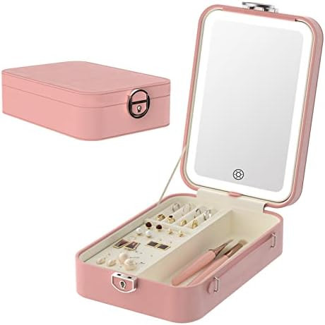 Lighted Makeup Vanity Mirror with Jewelry Storage Case,3 Color Lights,Touch Sensor,Rechargeable LED  | Amazon (US)