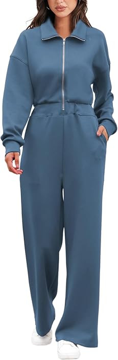 Airy Essential Long Sleeve Wide Leg Jumpsuits Women Casual Zip Up One Piece Romper Pockets | Amazon (US)