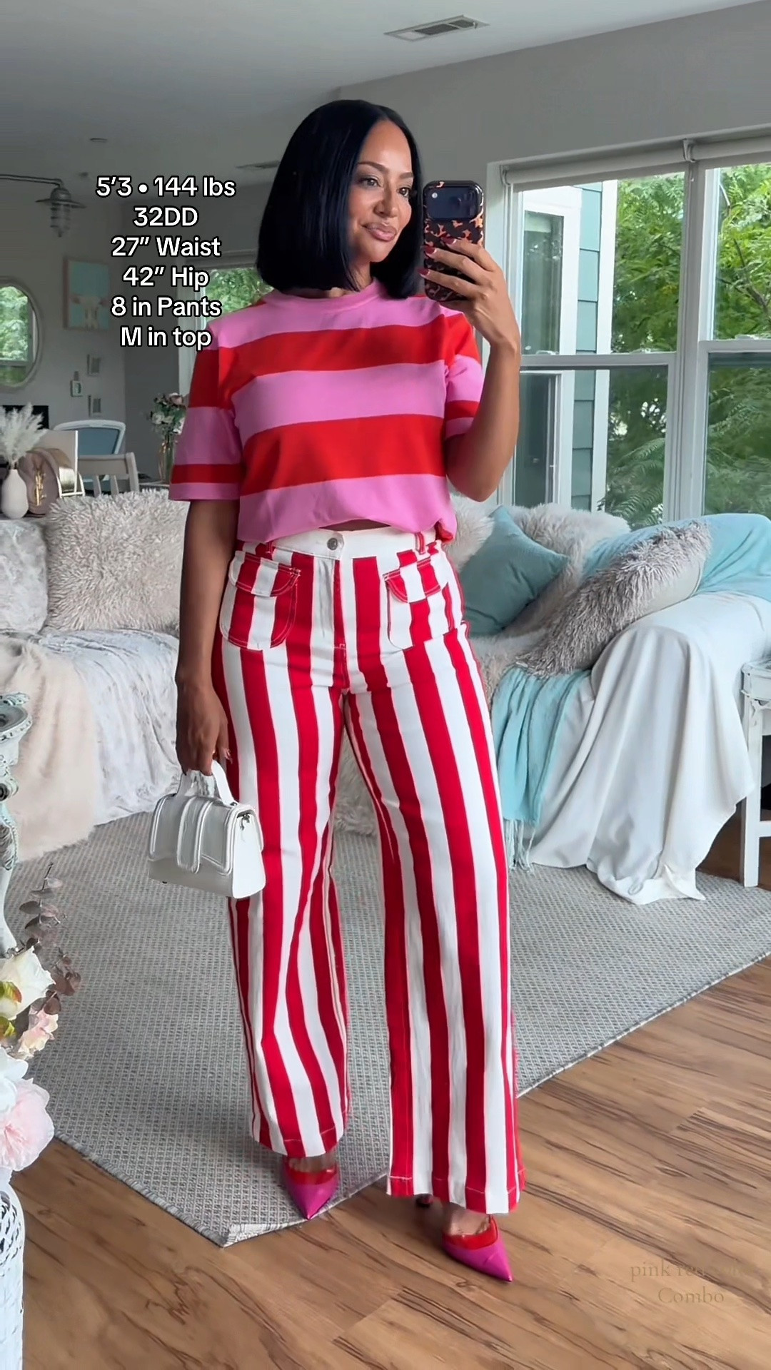 Whimsical outfit idea ❤️🎪💞 Styling pink & red and stripes on stripes together for a casual early fall outfit 

WHERE TO WEAR IT: date, brunch, lunch
STRETCH: Yes
TRUE TO SIZE: Yes
OVERALL FIT: True to size pants, slightly oversized top. Size down in top if you want it more fitted 
PETITE FRIENDLY: Yes

Sizing ⬇️
5’3 
Bust: 32DD
Waist: 27”
Hips: 42”
Wearing Size M in top, 8 in jeans 

Make sure you download the ✨FREE✨ LTK app and follow me @heyrissyrozay for all my style and beauty finds 🫶🏽

over 40 outfit ideas
petite curvy outfits

#LTKOver40 #LTKPetite #LTKootd