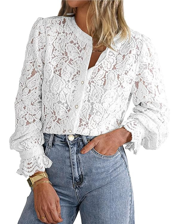 PRETTYGARDEN Women's Dressy Casual Lace Blouse Long Sleeve Button Up Shirts Tops Spring Fall Fash... | Amazon (US)