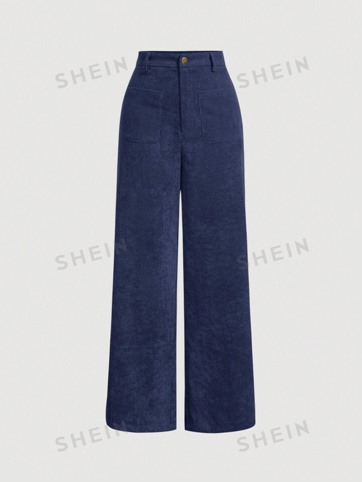 SHEIN MOD Solid Straight Leg Blue Patch Pocket Pants | SHEIN