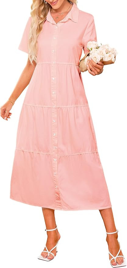 luvamia Denim Dress for Women Button Down Long Jean Shirt Vacation Dresses Babydoll Tiered Casual... | Amazon (US)