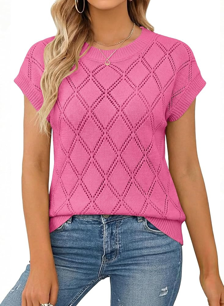 SHEWIN Womens Tops Crewneck Cable Knit Short Sleeve Sweater Loose Lightweight Blouses Dressy Casu... | Amazon (US)