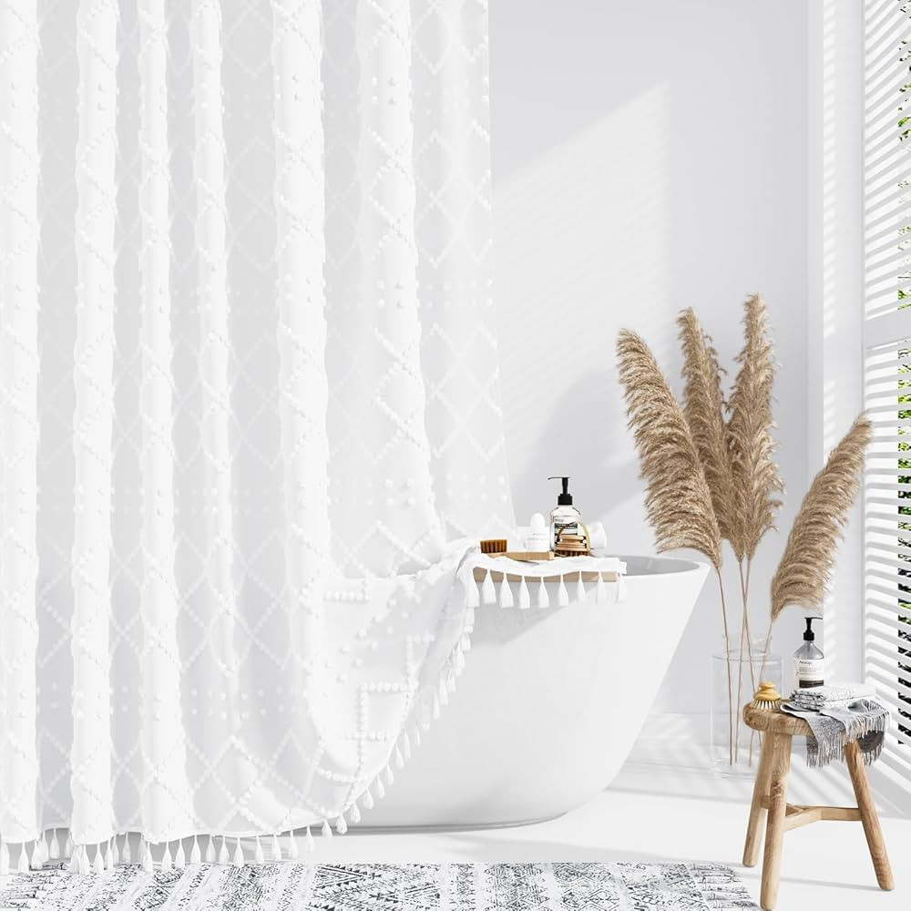 Dynamene White Fabric Shower Curtain, Boho Tufted Geometric Striped Tassel Shower Curtain for Bat... | Amazon (US)
