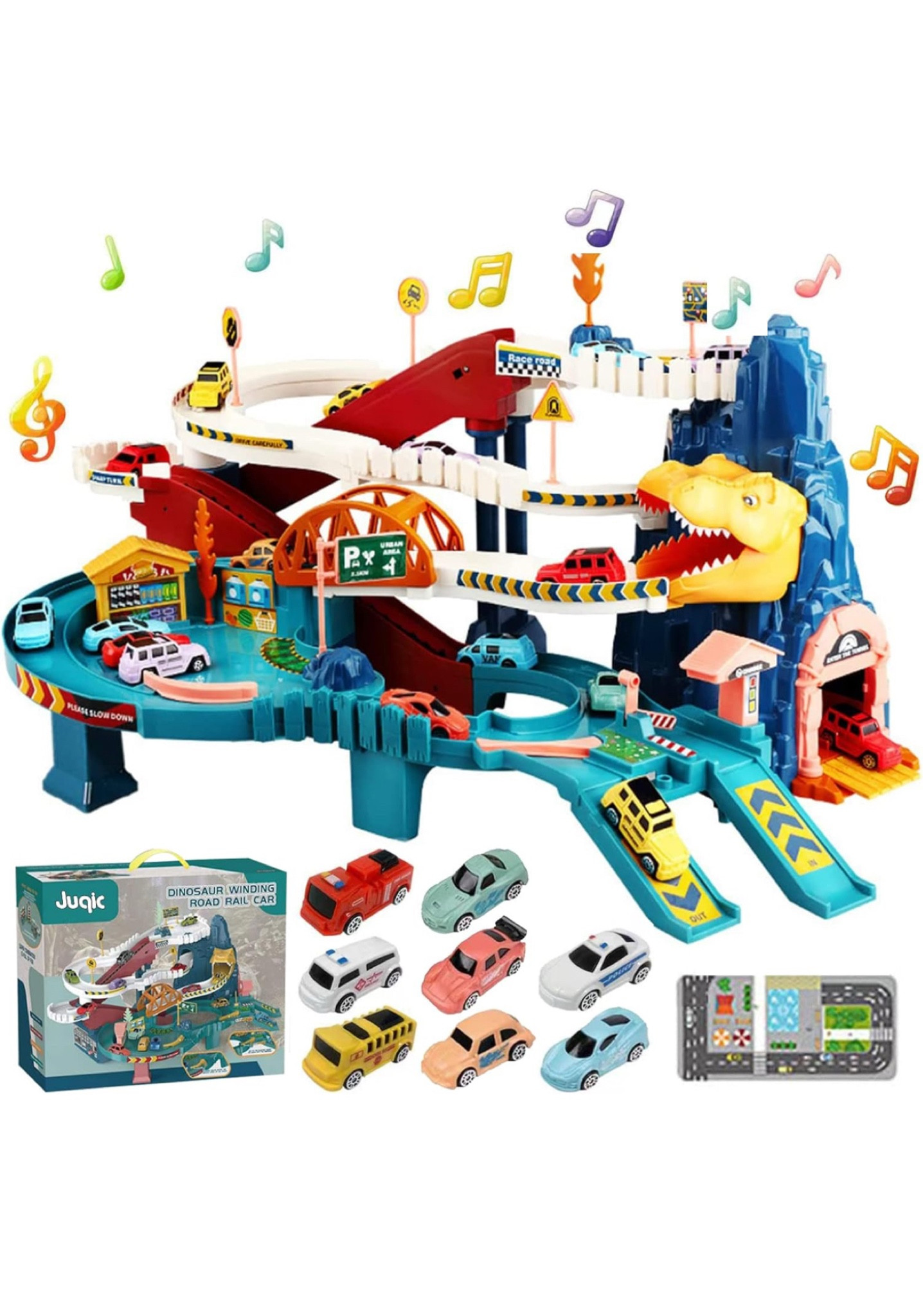 Toy Car Ramp Track Dinosaur Climbing Hills Railcar Colorful Vehicles Construction Play Set with 12 Mini Racer Cars and Track for Preschool Gifts Kids Ages 3 Years and Older (Dinosaur Hill)
