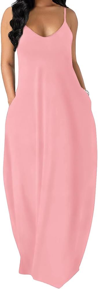 OFEEFAN Women's Maxi Dresses Summer Spaghetti Strap Dress with Pockets | Amazon (US)