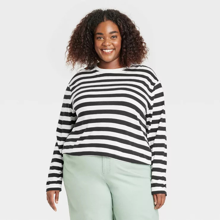 Women's Long Sleeve Boxy T-Shirt - A New Day™ Striped | Target