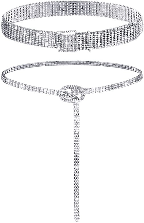 Geyoga 2 Pieces Women Rhinestone Belt for Dress Crystal Diamond Waist Belt Shiny Rhinestone Wide ... | Amazon (US)