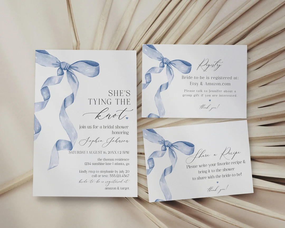 Blue Bow Bridal Shower Invitation Printable Template, Shes Tying the Knot Preppy Coquette Bow The... | Etsy (US)
