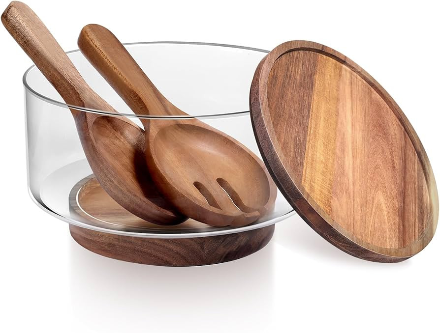 Large Glass Salad Bowls, Salad Bowl Set for Party with Acacia Wood Base and Lid and Salad Serving... | Amazon (US)