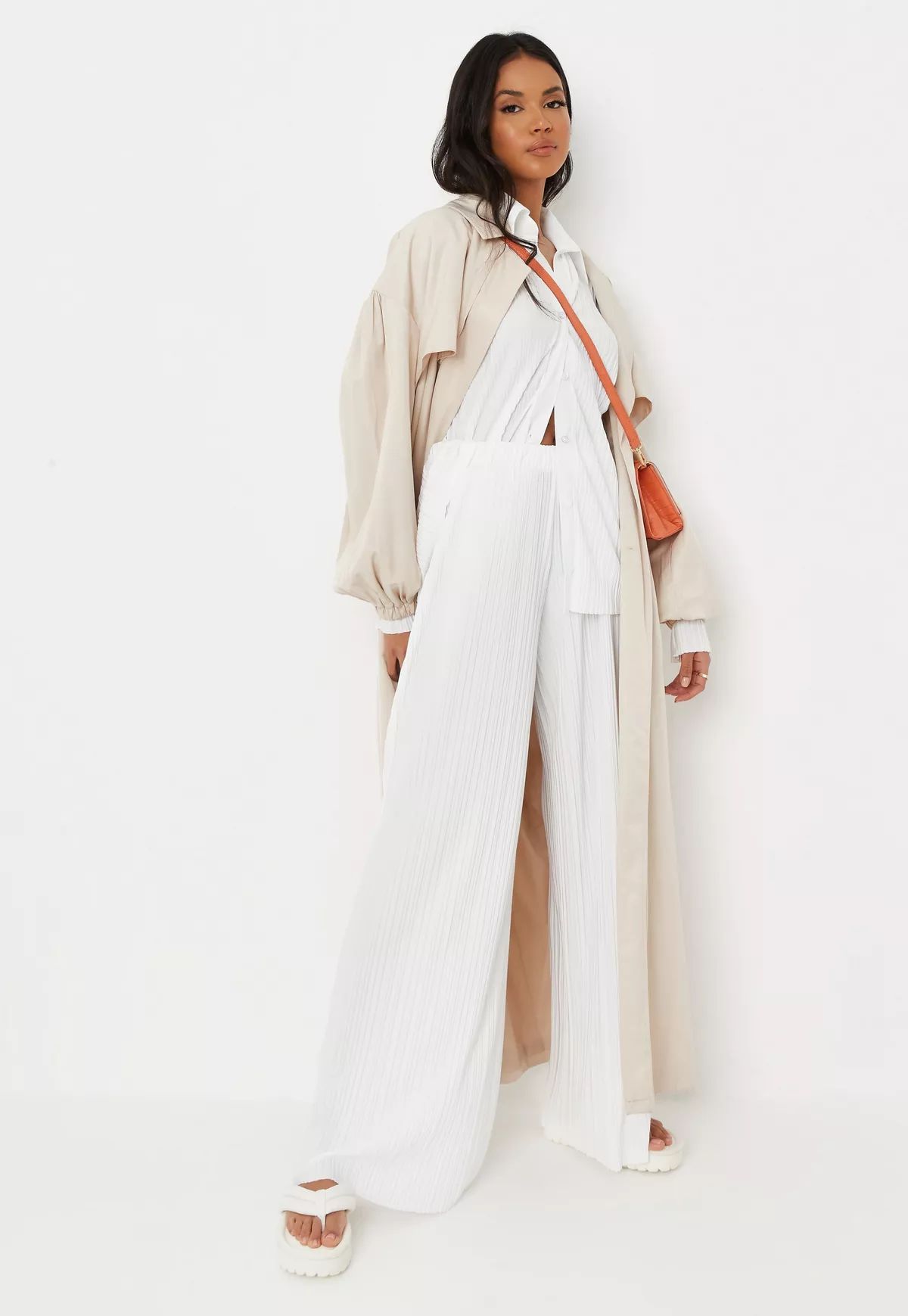 White Co Ord Plisse Semi Sheer Wide Leg Pants | Missguided (US & CA)