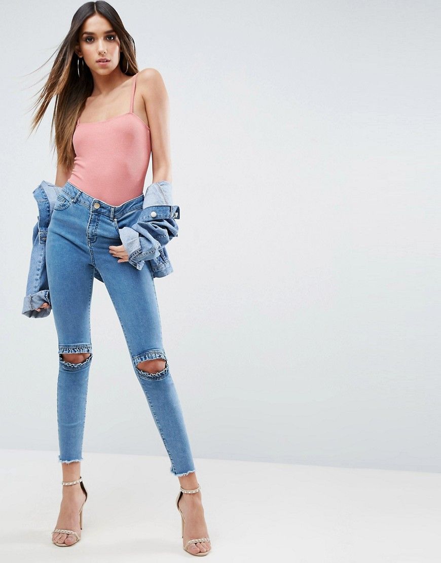 ASOS RIDLEY Skinny Jeans in Luella Pretty Blue with Frill Knee and Arched Raw Hem - Blue | ASOS US