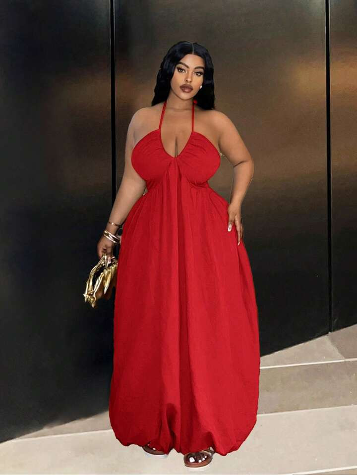 Slaydiva Women's Casual Plus Size Pleated Crew Neck V-Neck Hollow Out Drawstring High Waist Loose Dress With Strap | SHEIN