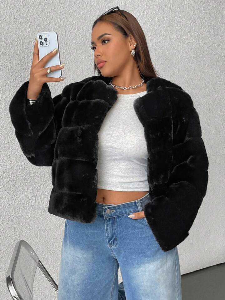 SHEIN EZwear Plus Size Women Solid Color Long Sleeve Short Fluffy Coat For Autumn And Winter | SHEIN