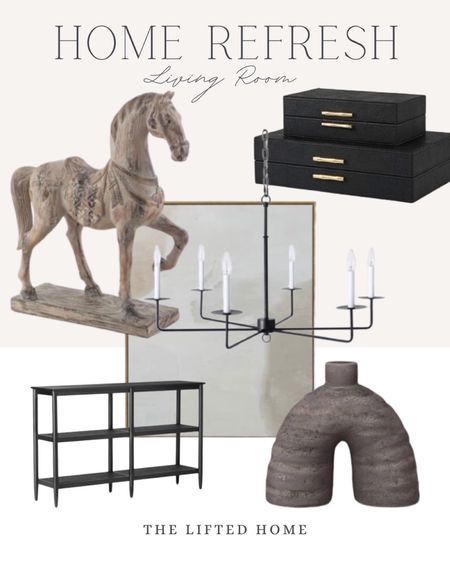 Living room refresh. 

Horses, decor boxes, sideboard, decorative objects, light fixtures, wall art

#LTKhome #LTKFind #LTKfamily