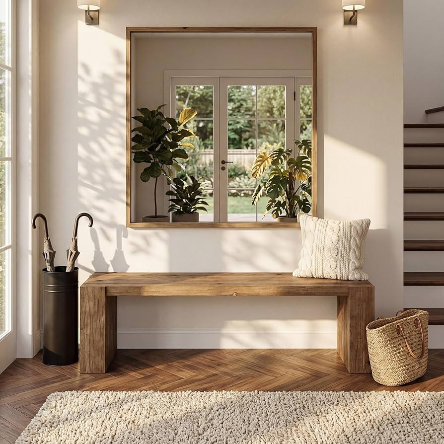 Solid Wood Entryway Bench, 59'' Farmhouse Indoor Bench Seat, TV Stand with Sturdy Frame for Livin... | Amazon (US)