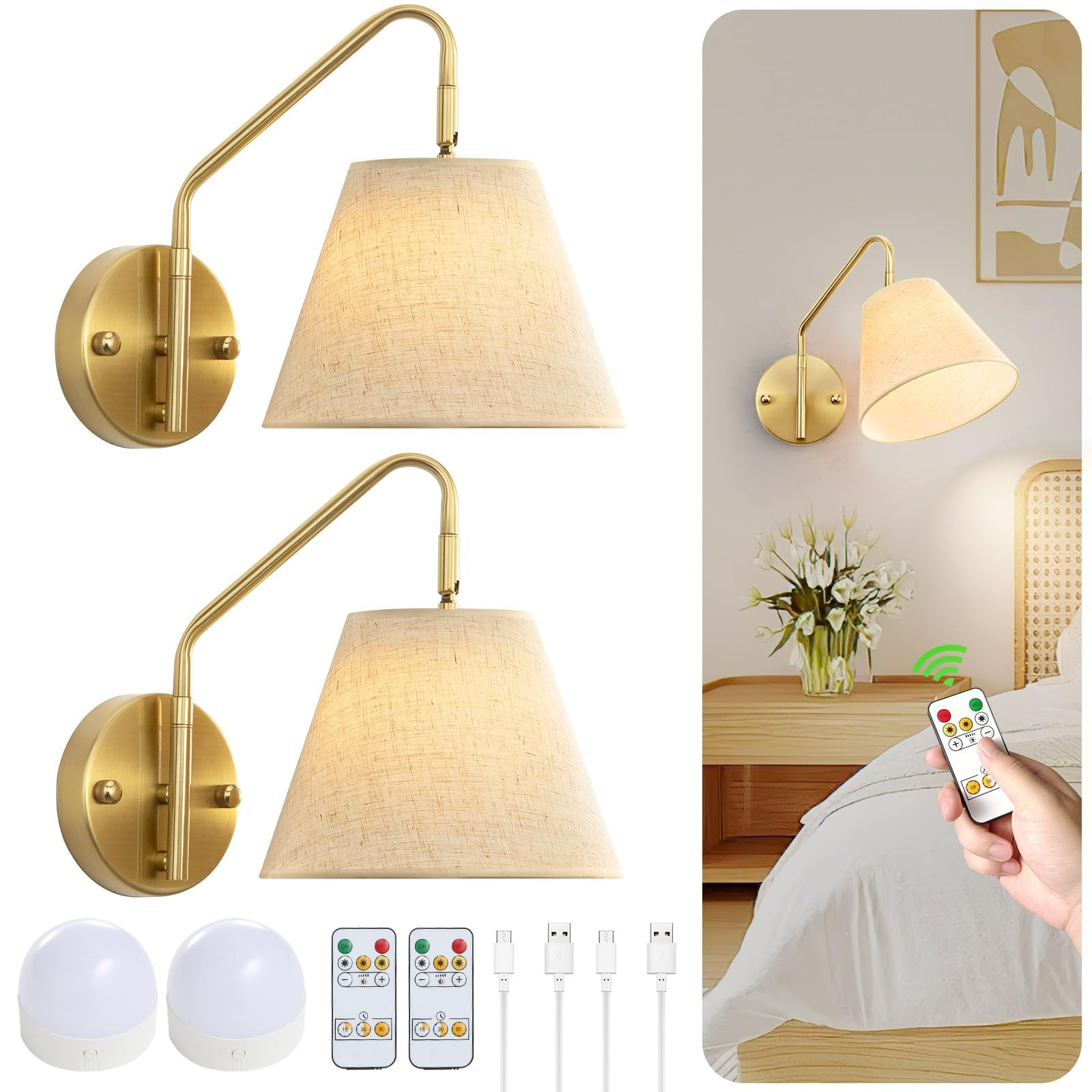 Gold Wireless Wall Sconces Set of Two, Swing Arm Battery Wall Sconce, Battery Operated Wall Sconc... | Amazon (US)