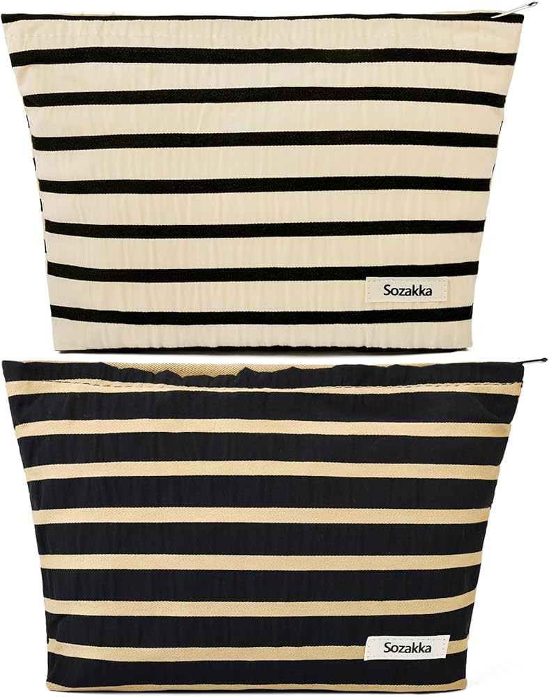 SOIDRAM 2 Pieces Makeup Bag Large Stripe Cosmetic Bag Capacity Canvas Travel Toiletry Bag Organiz... | Amazon (US)
