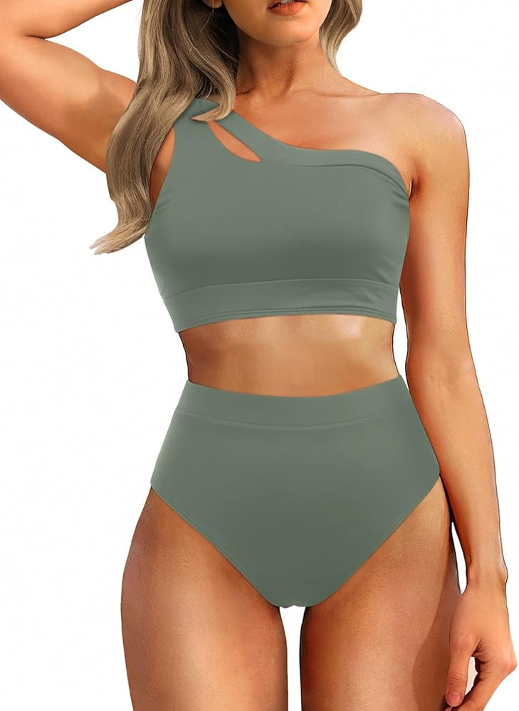 Tempt Me Women One Shoulder High Waisted Bikini Color Block Two Piece Swimsuits Cutout 2 Piece Ba... | Amazon (US)