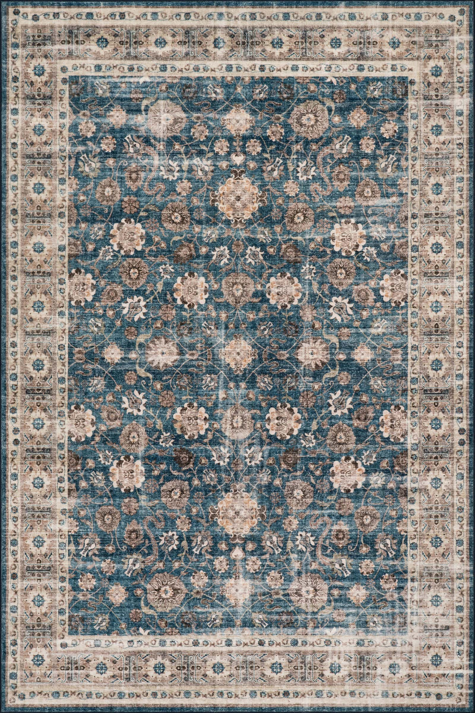 Alouette Bordered Traditional Washable Rug | Blue | Rugs USA