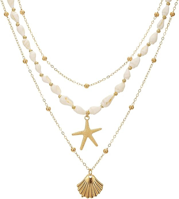 Seashell Starfish Necklace for Women Summer Pearl Beach Conch Shell 14k Gold Layered Dainty Choke... | Amazon (US)