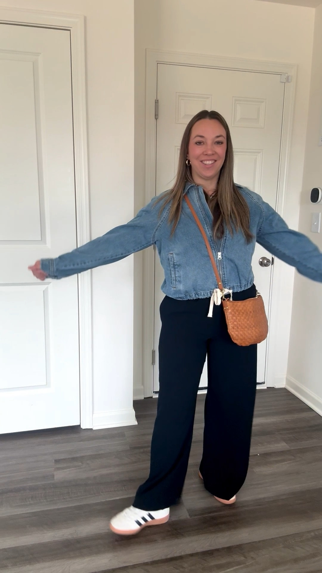 Spring 2026 casual mom outfit wide leg pants denim jacket sneakers leather bag tan neutral black

Jacket - Medium
Pants - Small, sized down
Tshirt - Medium
Sneakers - 7, sized down

#LTKMidsize #LTKmomlife #LTKootd