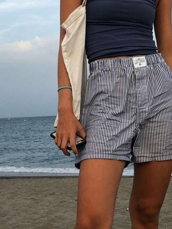 SHEIN EZwear Summer Casual Blue Woven Striped Shorts With Letter Applique | SHEIN